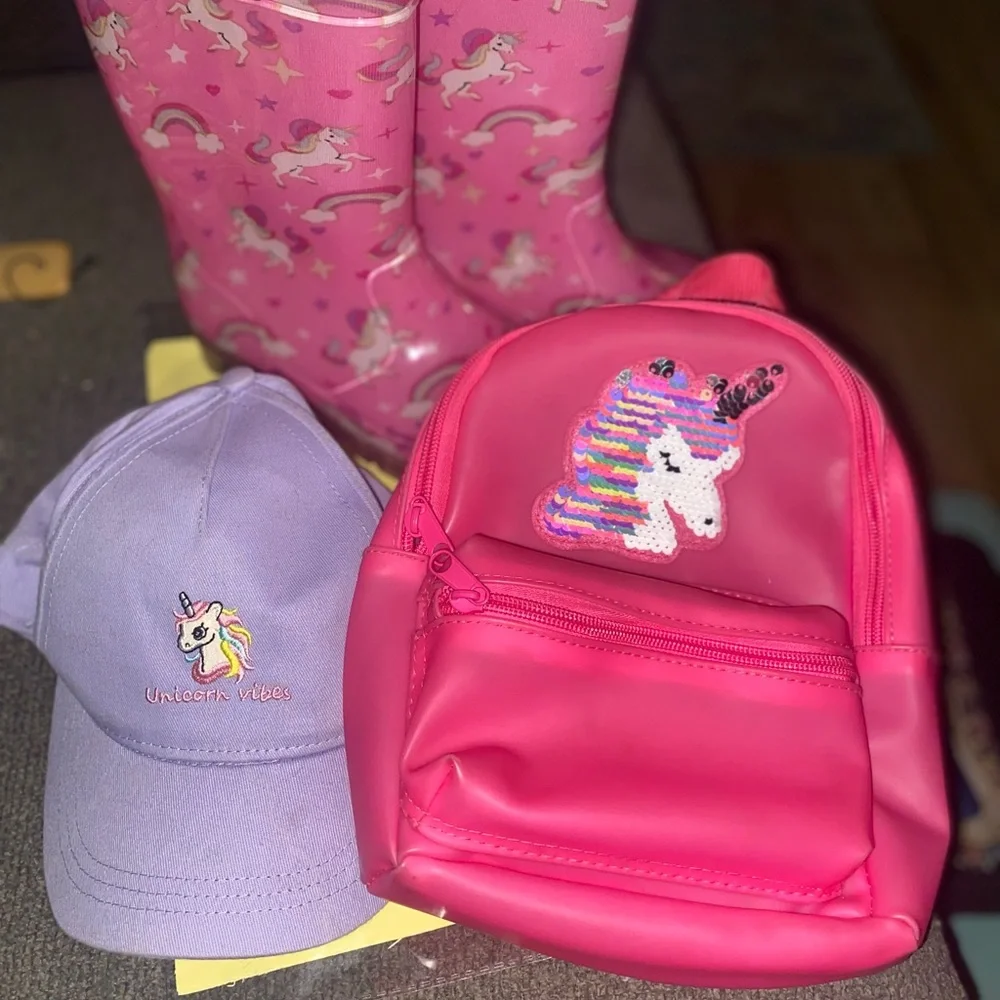 Unicorn rain boots, mini backpack and child cap